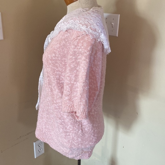 VTG Ashley Stuart linen blend lace bow sailor collar short sleeve pink sweater L - Picture 4 of 6